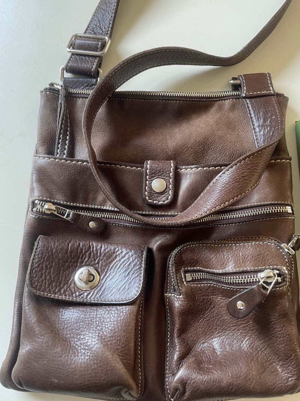 Roots Dark Brown Leather Tribal Crossbody Organizer Bag